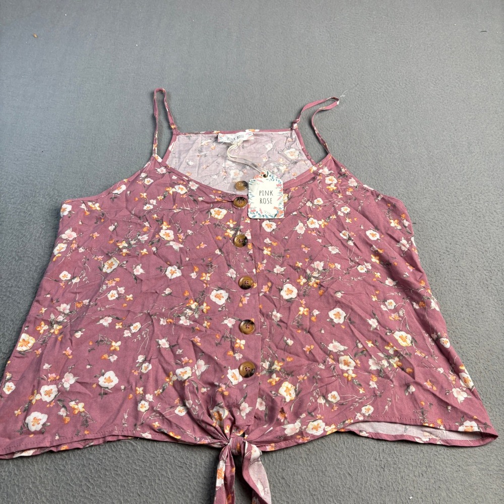 Pink Rose Mauve Floral Button Front Tie Hem Cami Top XL PS0W10883